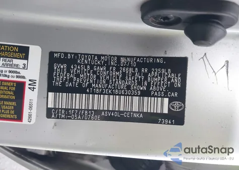 2011 Toyota Camry Le z USA, uszkodzony, nr VIN 4T1BF3EK1BU630359